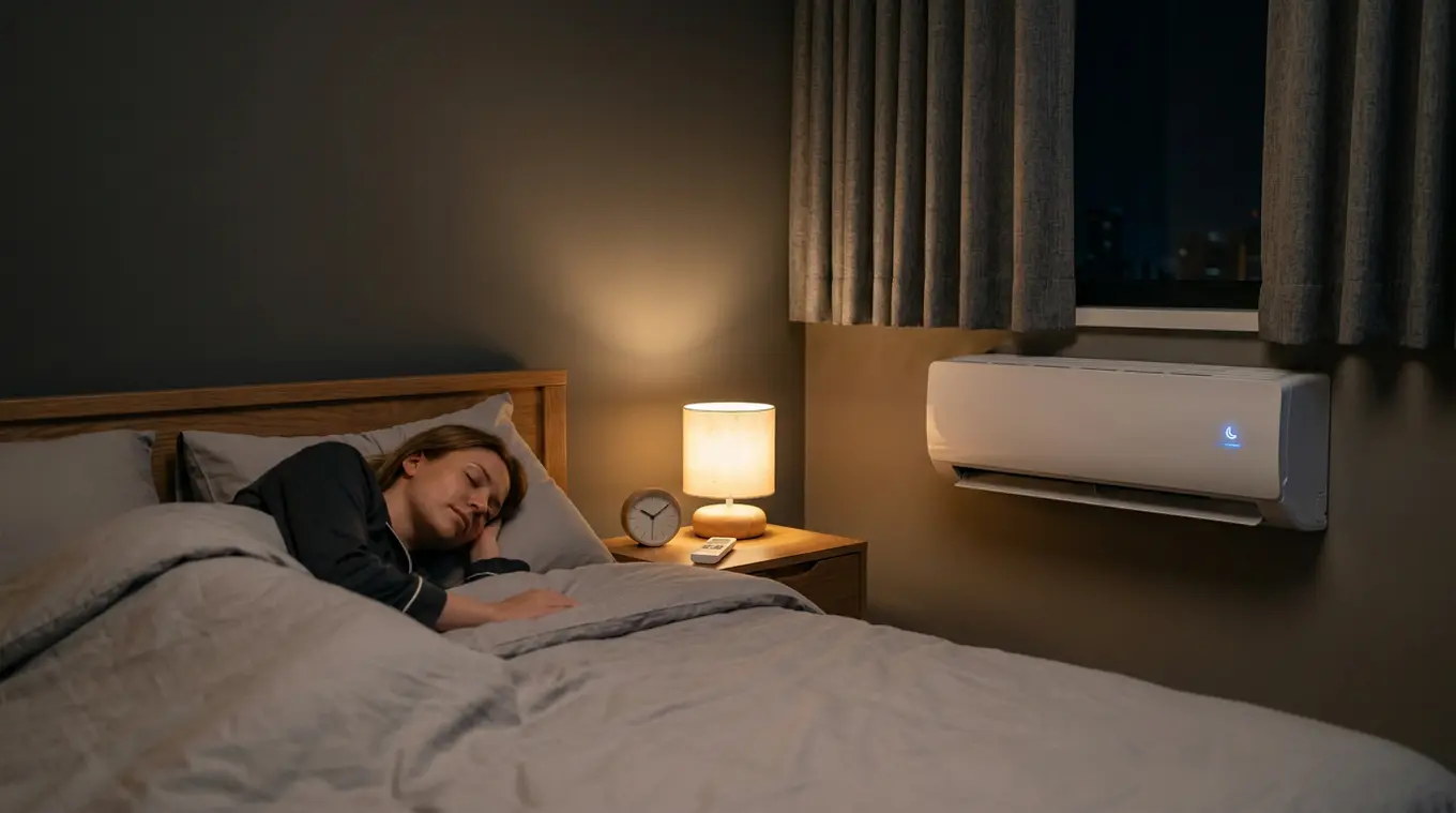 Horizontale foto van een rustige slaapkamer 's nachts met een merkloze airco bij het raam, een slapende persoon en een afstandsbediening met maansymbool op het nachtkastje; zachte