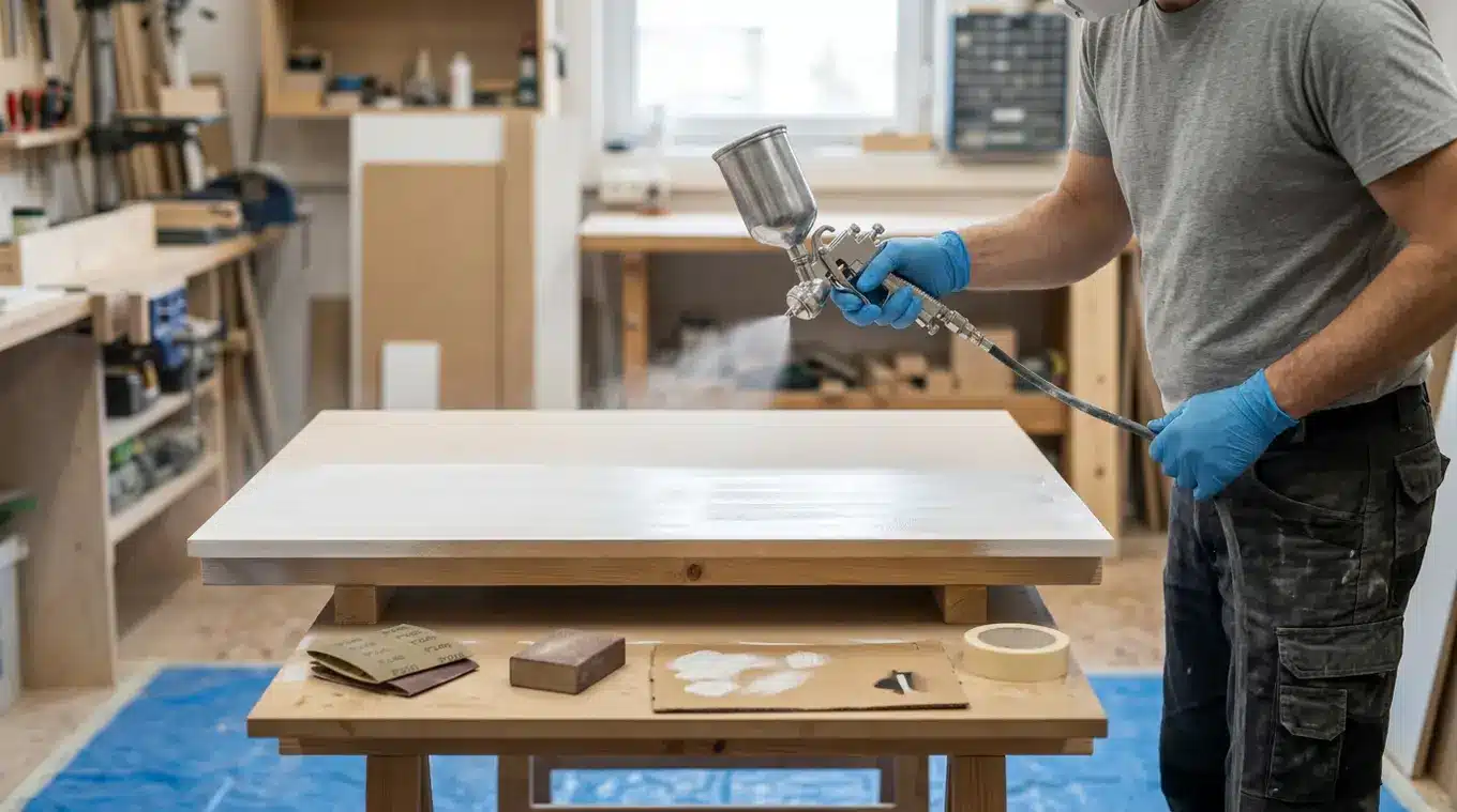 Horizontale foto van een klusser die met een verfspuit primer op een houten deur/MDF-paneel aanbrengt; spuitmond loodrecht op ~20 cm afstand, zichtbare dunne banen met overlap, sch