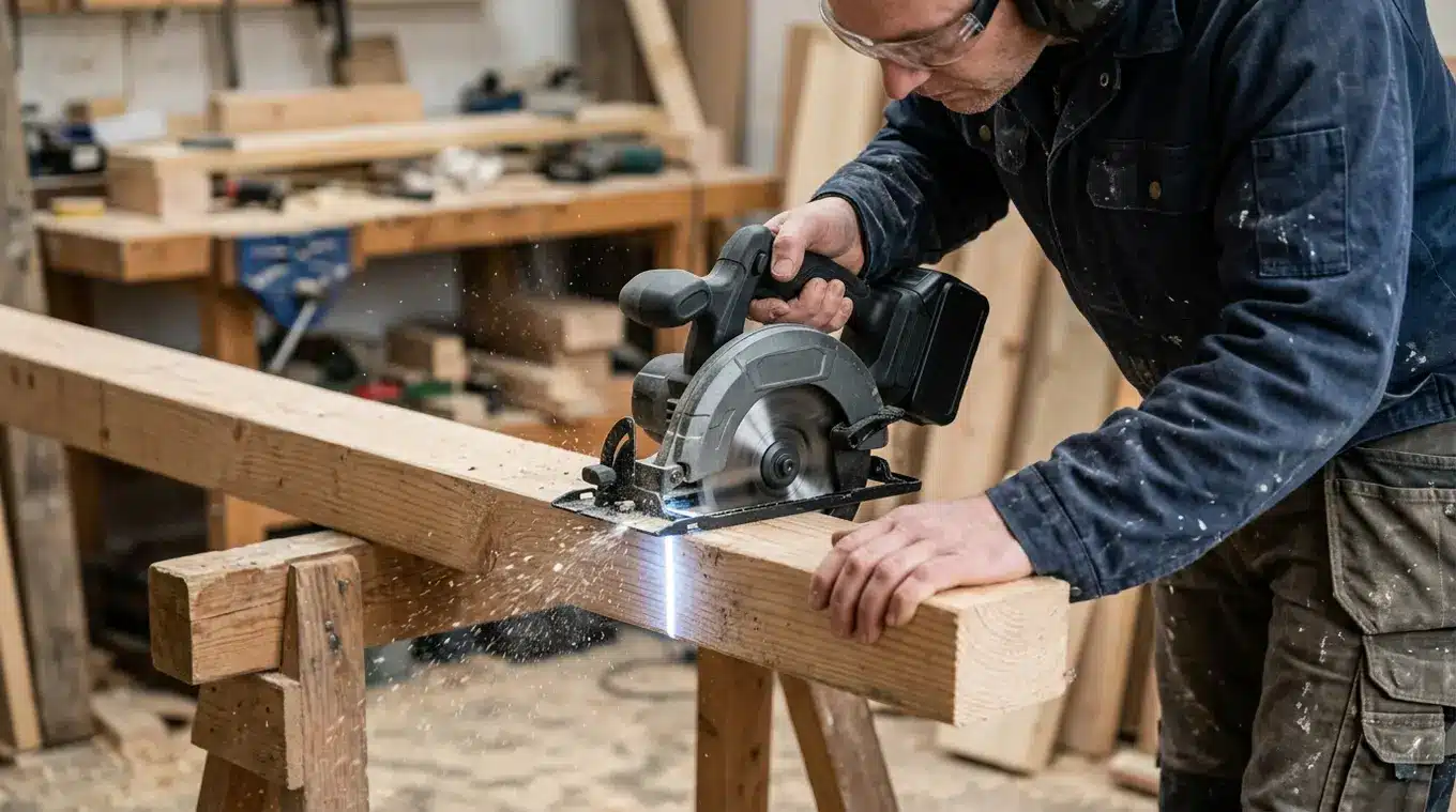 Horizontale foto van een 18V accucirkelzaag zonder logo die een houten balk zaagt; de LED-zaaglijn is zichtbaar, één hand op de softgrip, andere hand stabiliseert het hout op een z