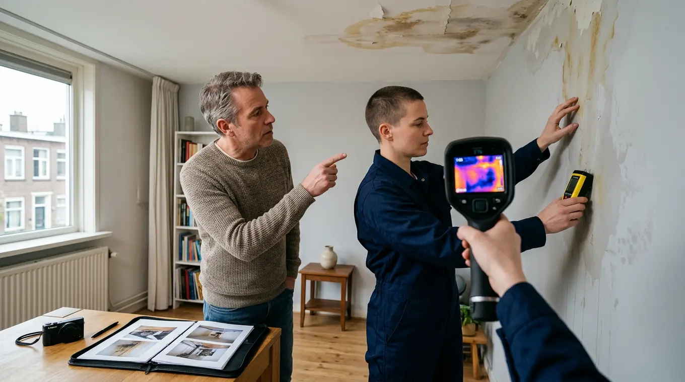 Lekdetectie-monteur scant een vochtplek in een appartement met een thermische camera en een vochtmeter terwijl een bewoner toekijkt; duidelijke waterschade op muur en plafond, geen
