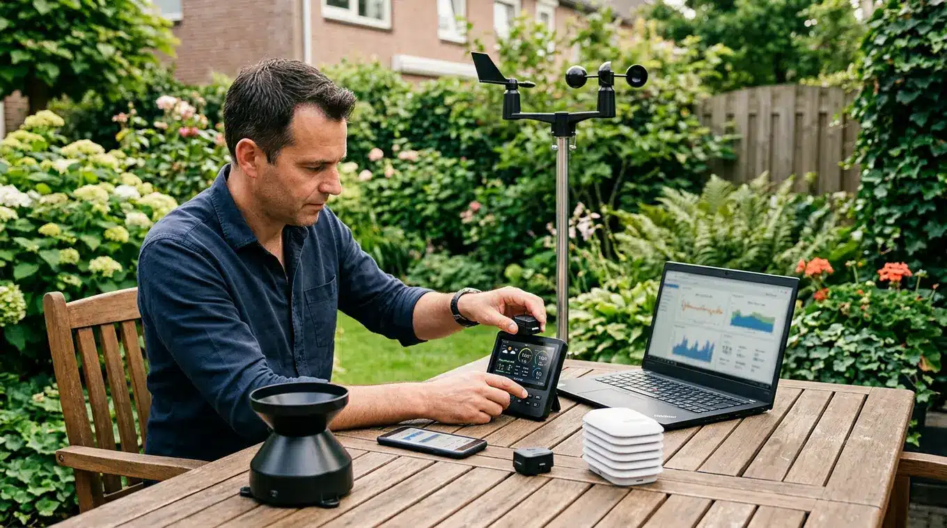 Hobbyist in een achtertuin stelt een modulair weerstation in: console en meerdere sensoren op een tuintafel, een klein mastje met sensor, en een smartphone en laptop met vage grafi