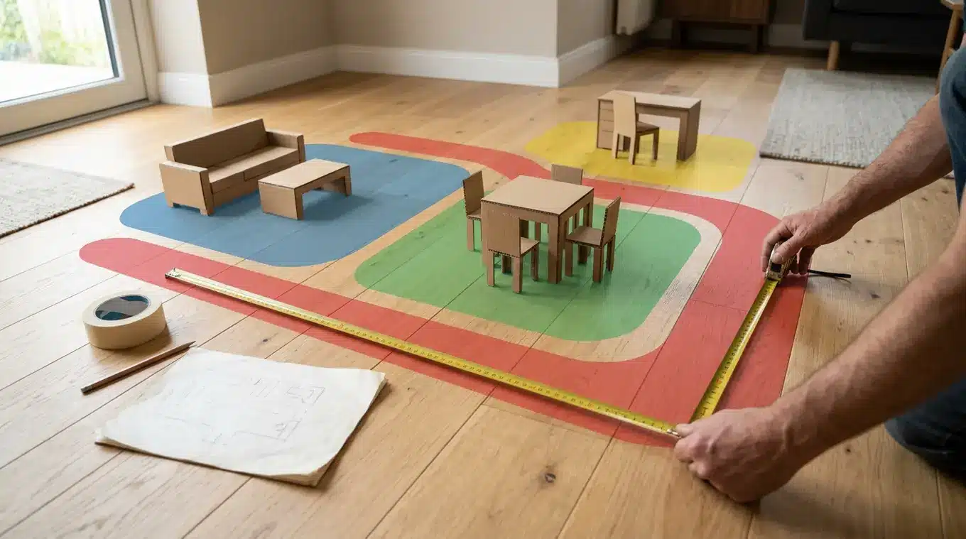 Schuin bovenaanzicht van een vloer met gekleurde stofvlekken en kartonnen meubelmodellen; handen spannen een meetlint over een hoofdlooproute, losse potloodschets en ruime loopzone
