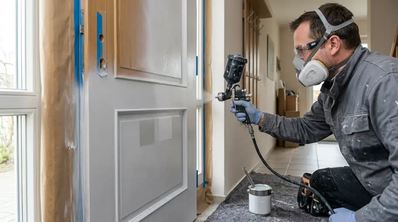 Vakman spuit een binnendeur en kozijn in een hal met een draagbaar spuitpistool; deur is deels geprimed en deels net geïnspireerd met watergedragen spuitlak zodat matte en zijdegla