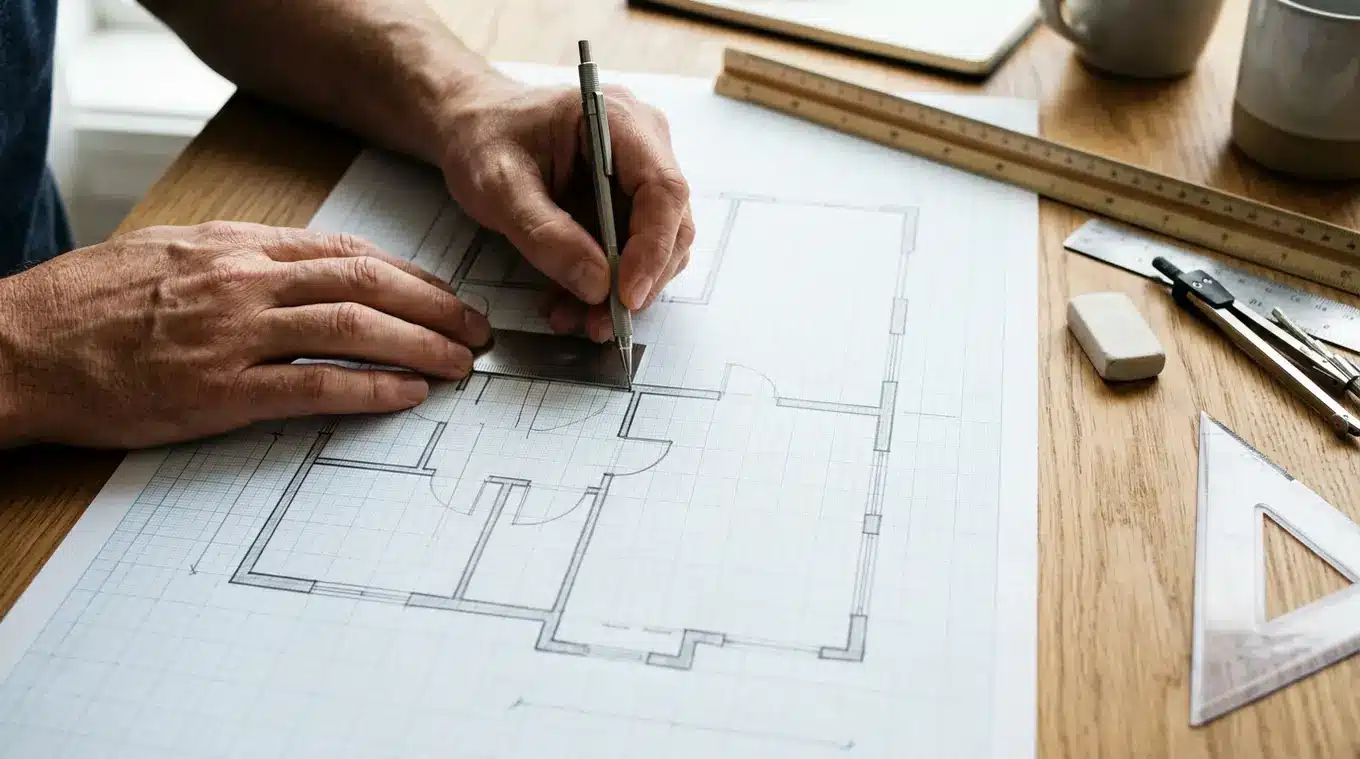 Bovenaanzicht van handen die met een liniaal en fijn potlood een schaalplattegrond op 5 mm ruitjespapier tekenen; duidelijke muurlijnen met muurdikte, deuren en ramen als dunne ond