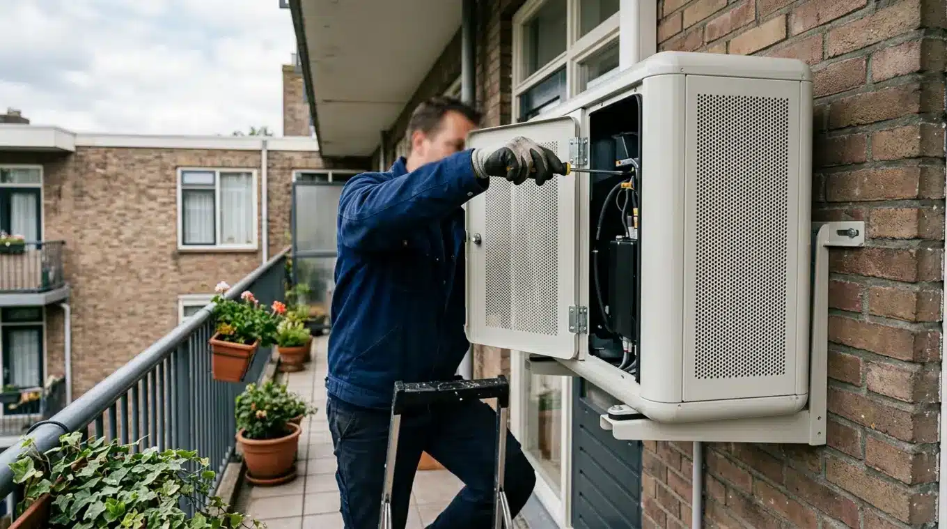 Horizontale foto van een compacte airco-omhulling op een smal appartementbalkon; de serviceklep staat open en een handschoen van een monteur steekt met een schroevendraaier naar bi