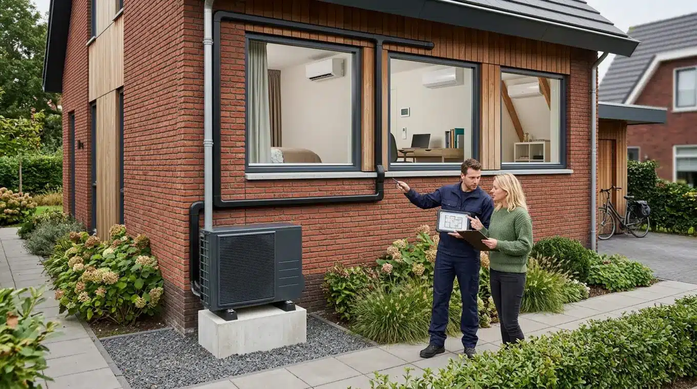 Buitenaanzicht van een huis met een compacte multi-split buitenunit en drie binnenunits zichtbaar door ramen; een installateur en bewoner overleggen met een tablet, alles zonder lo