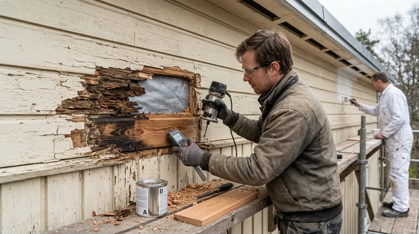 Timmerman op een steiger freest houtrot uit een houten gevel, zichtbaar rot onder verf, vochtmeter en epoxymateriaal, schilder op de achtergrond, waterkerende laag zichtbaar.
