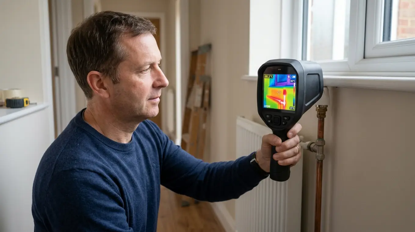 Horizontale foto van iemand die met een generiek handwarmtebeeldapparaat een raamkozijn en radiator inspecteert; het scherm toont duidelijke kleurverschillen met koude plekken bij