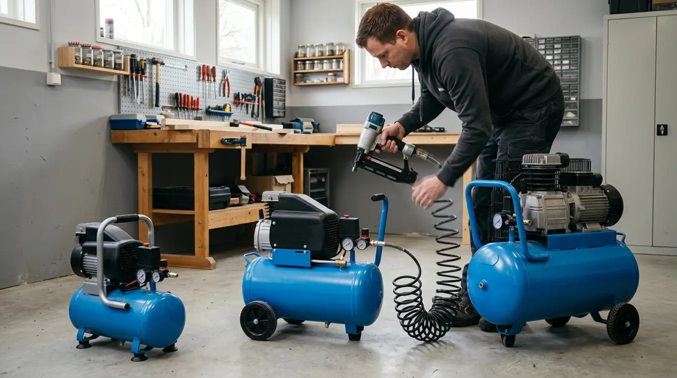 Horizontale foto van een lichte garage met drie luchtcompressoren van verschillende formaten (draagbaar 6–10L, 24L allround, en een grotere 50–100L), een klusser sluit een luchtsla