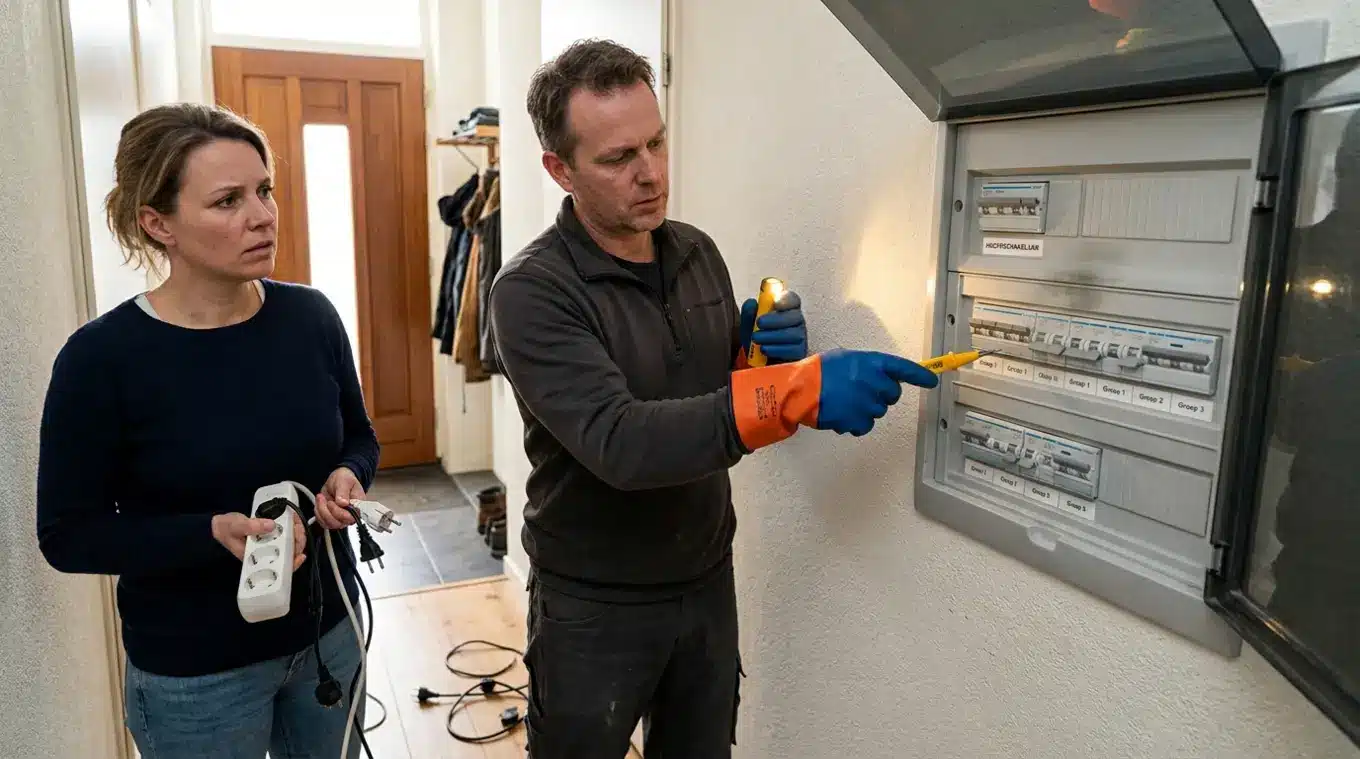 Horizontale foto van een open groepenkast in een woning; een huiseigenaar houdt losgekoppelde stekkers, een elektricien in neutrale werkkleding controleert de gesprongen schakelaar