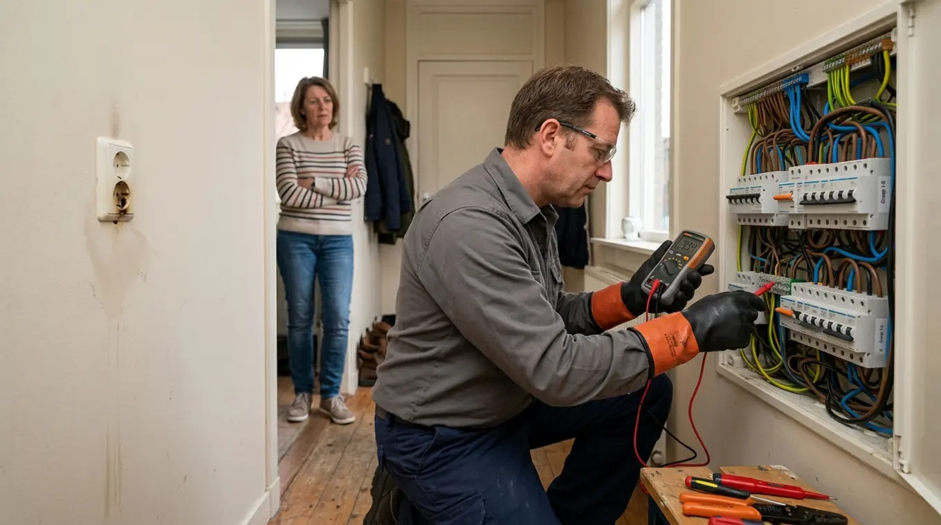 Elektricien controleert een open groepenkast met een multimeter terwijl een bewoner toekijkt; zichtbare corrosie en lichte verkoling bij een stopcontact, horizontale realistische f