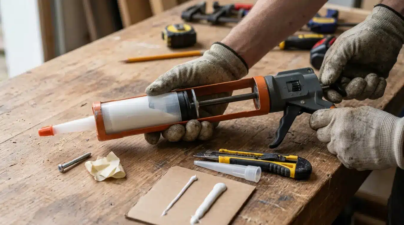 Close-up, horizontale foto van twee handen die een accu kitpistool vasthouden: trekker losgelaten, ontgrendelhendel ingedrukt, halfvolle koker met afsluitdopje zichtbaar; schroef e