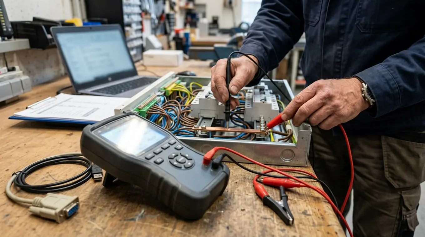 Technicus gebruikt een logo-vrije handheld installatietester met meetkabels in een open verdeelkast; op de werkbank liggen USB- en RS232-kabels en een onscherpe laptop, geen tekst