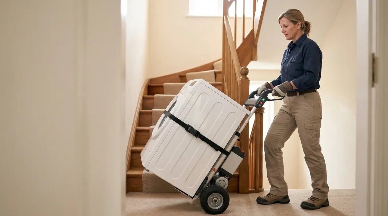 Foto van een persoon die met een elektrische trappensteekwagen een zware wasmachine een woningtrap op manoeuvreert; compact frame, elektrische aandrijving en spanband zichtbaar, er