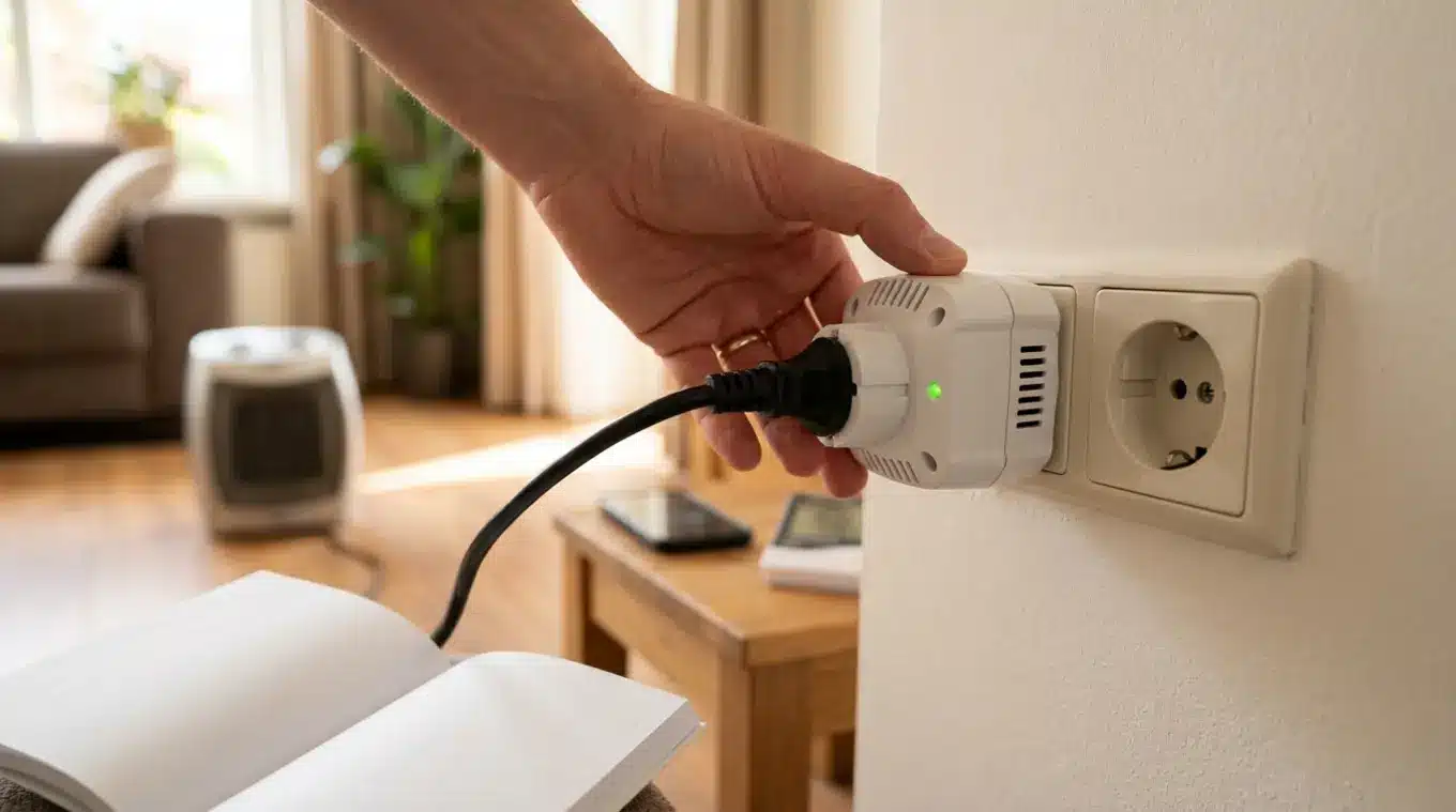 Close-up van een robuuste wifi-thermostaatstekker in een schuko-wandcontactdoos met randaarde, aangesloten op een elektrische kachel in een woonkamer; handleiding en smartphone waz