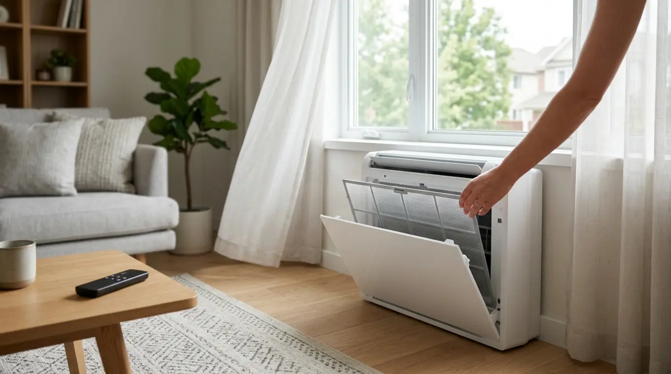 Horizontale foto van een slanke witte vloermodel airco onder een raam in een langgerekte woonkamer; het voorpaneel is geopend en een hand verwijdert het wasbare filter; lichte luch