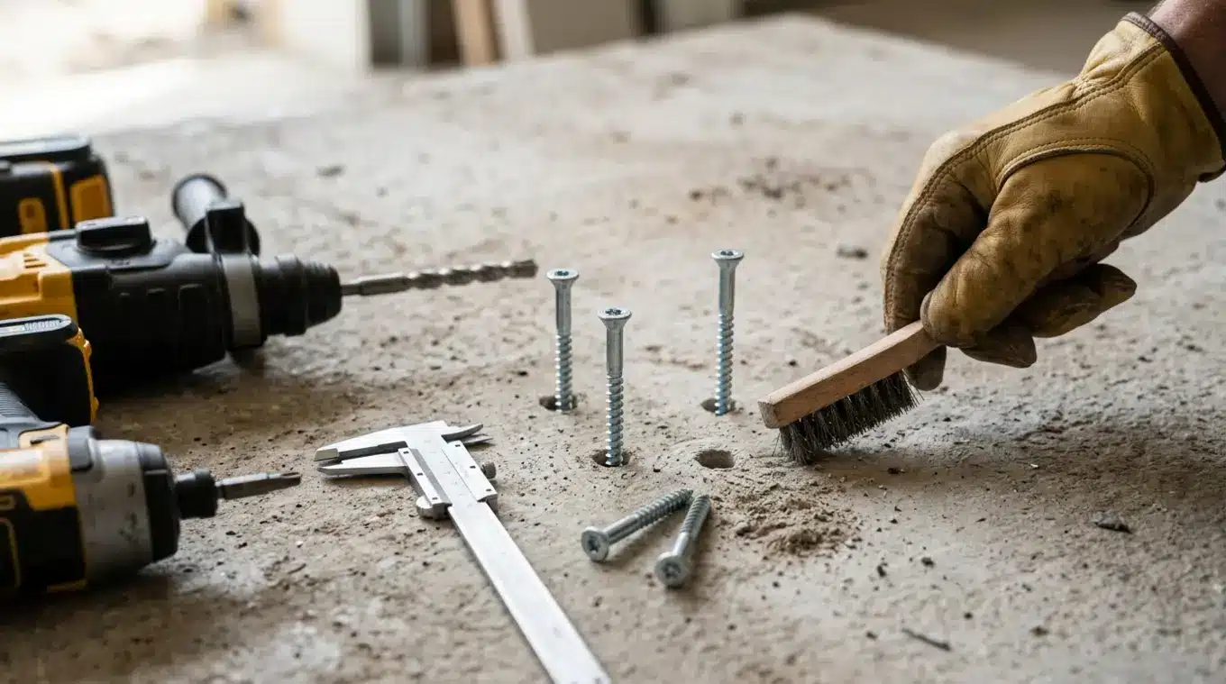 Horizontale close-upfoto van betonschroeven in een betonnen ondergrond met boorhamer, accu-schroefmachine, borsteltje dat stof uit boorgat veegt en schuifmaat; realistische, merklo