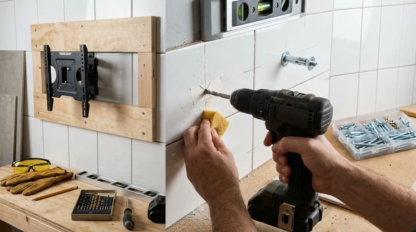 Liggende foto van handen die met een tegelboor door een tegel en gipsplaat boren, stukje schilderstape bij het boorpunt, koelwater en een metalen holle wand anker in de gipsplaat;