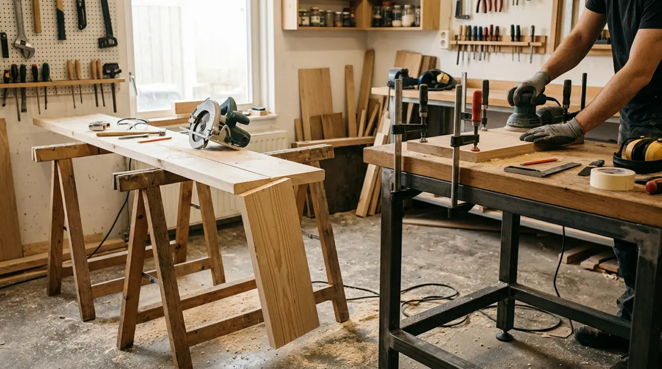 Horizontale foto van een werkplaats: links een lange plank op twee zaagbokken met een zaagsnede en vrijvallend afvallend deel, rechts een stevige werktafel met klemmen die een klei