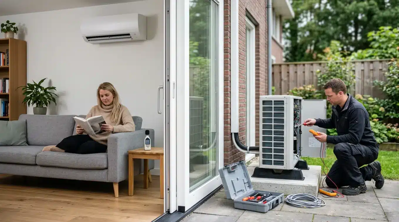 Horizontale foto van een woonkamer met een stille wandairco en een geluidsniveaumeter op een bijzettafeltje; door het raam zichtbaar een buitenunit op een betonnen fundatie met tri