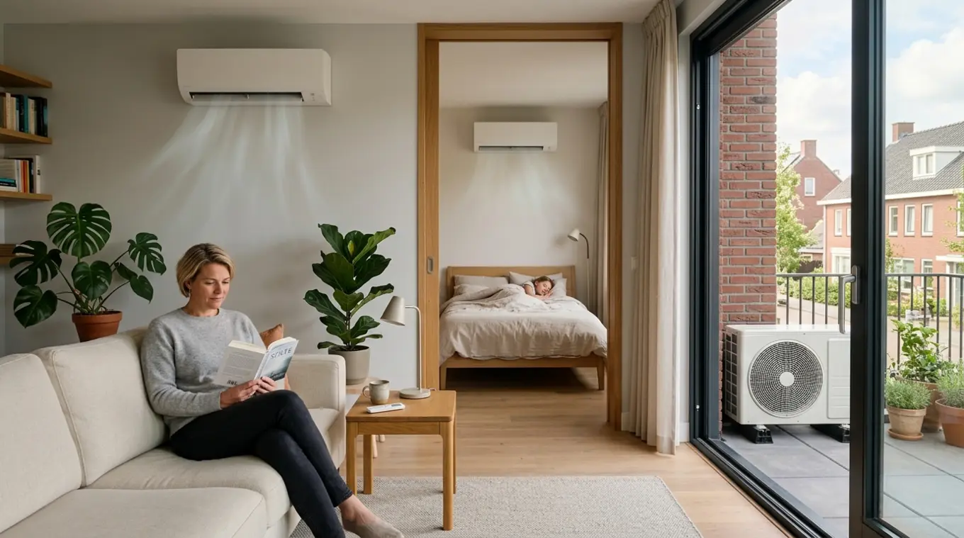 Horizontale realistische foto van een modern interieur met 2–3 neutrale wand‑airco binnenunits in woonkamer en slaapkamer, een compacte buitenunit zichtbaar buiten, een ontspannen