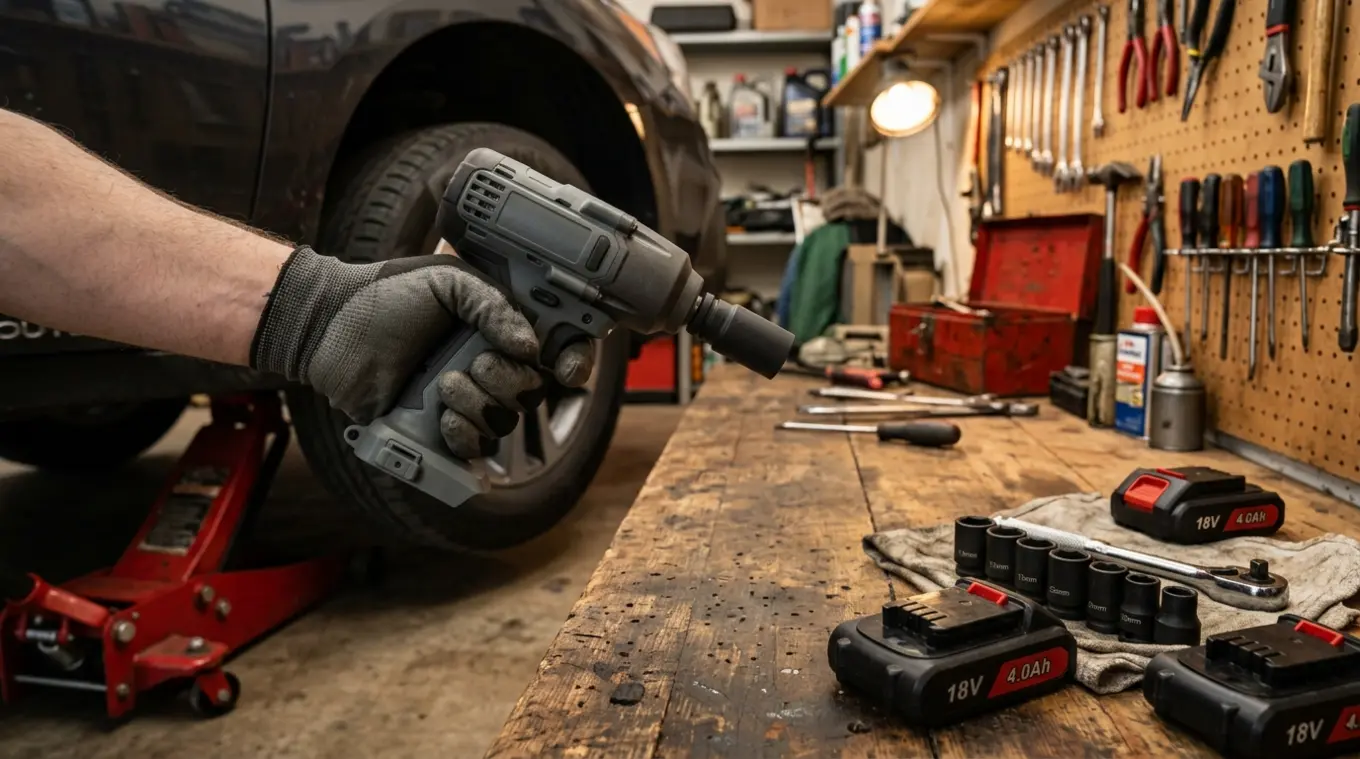 Horizontale foto van een generieke 18V slagsleutel op een werkbank; een hand met werkhandschoen houdt een slagvaste dop bij een auto-wiel op een krik, met extra accu en doppen zich