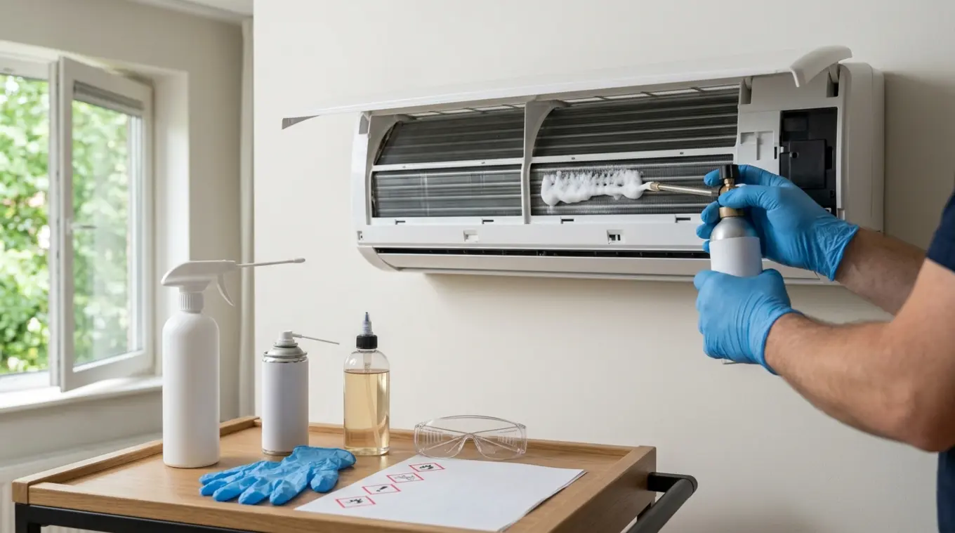 Horizontale foto van een open split-airco waarvan een technicus met nitrilhandschoenen schuim in de verdamper aanbrengt; op de voorgrond drie merkloze reinigers (schuimspuit, circu