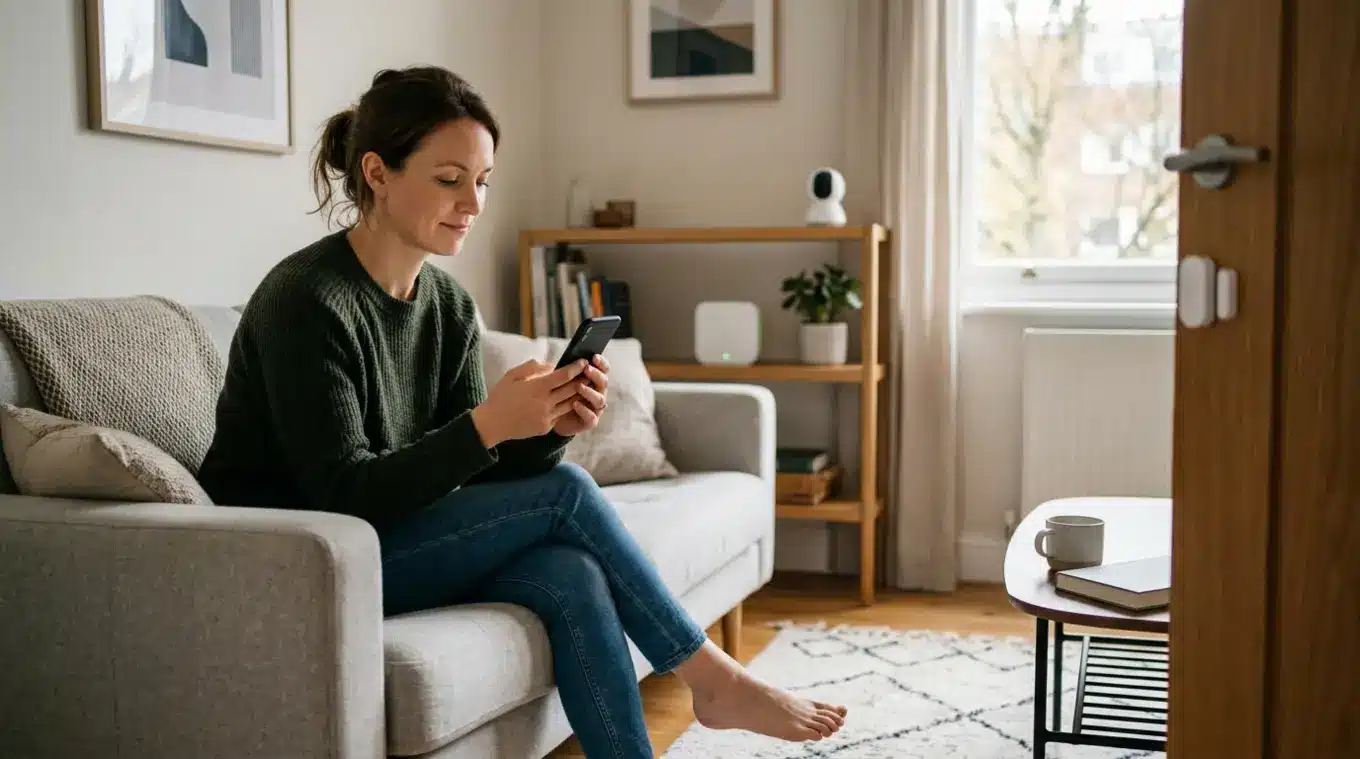Horizontale realistische foto van een moderne woonkamer: persoon op de bank kijkt op een smartphone met een eenvoudige, generieke smart-alarm app; op een deurkozijn een compact wit