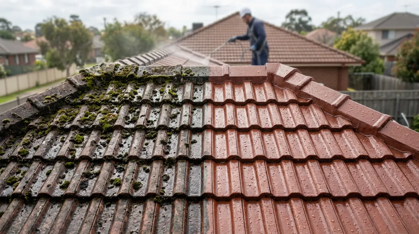 Horizontale foto van een schuin pannendak: links groen mos en vochtig aandoende aanslag, rechts schone, behandelde pannen met waterparels; op de achtergrond een persoon in veilighe