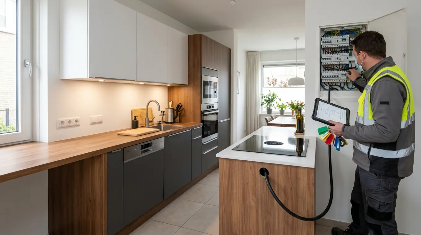 Breedbeeldfoto van een moderne keuken met vaatwasser, oven, magnetron, kokendwaterkraan en inductiekookplaat; een elektricien controleert een open groepenkast en kijkt naar een tab