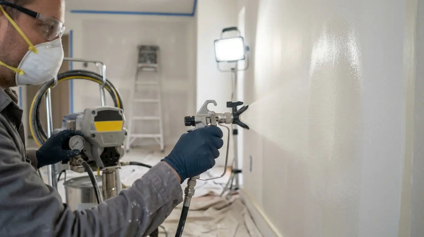 Horizontale foto van een schilder die een airless verfspuit afstelt en de tip loodrecht houdt tegen een grote gipsplaat; zichtbaar een volle, gelijkmatige waaiervorm van natte verf