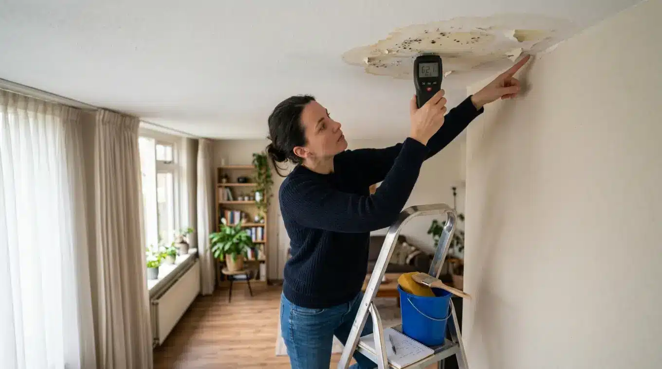 Horizontale foto van plafond met bruine vochtplek en lichte schimmel bij de rand; persoon op klein trapje meet de plek met een digitale vochtmeter, gereedschap en emmer op de vloer
