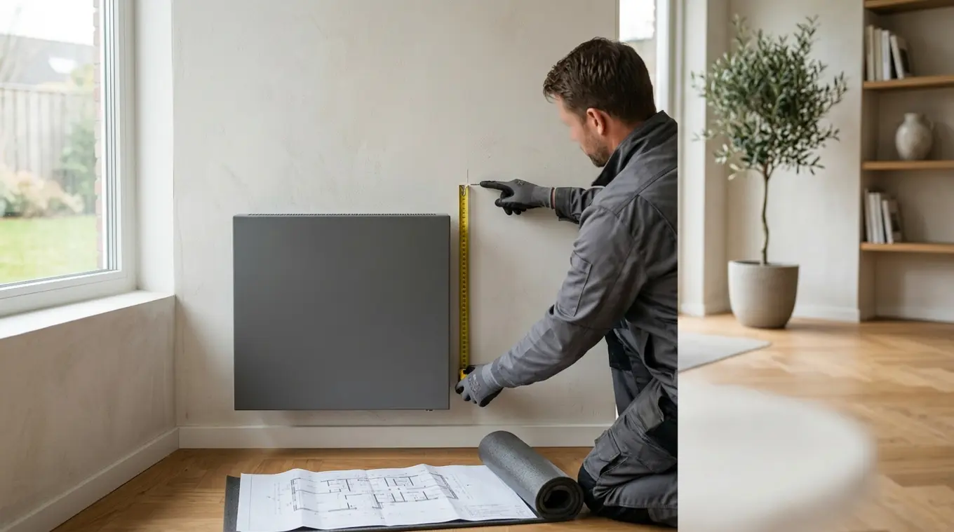 Horizontale foto van een moderne elektrische designradiator aan een muur; handen houden een meetlint (cijfers niet leesbaar), plattegrond en isolatierol op de vloer, installateur w