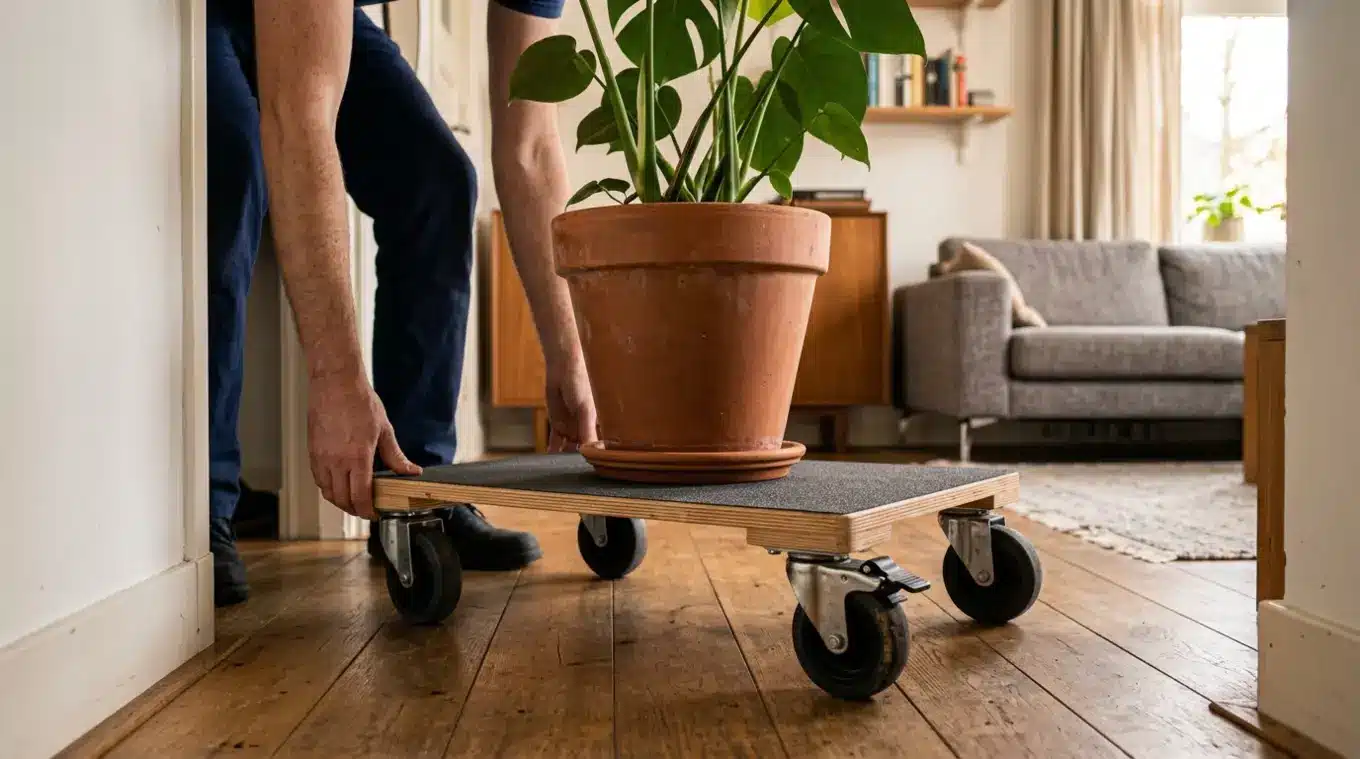 Horizontale realistische foto van een meubelhondje met gripdek en 360° zwenkwielen waarop een grote plantenpot staat; iemand positioneert de dolly in een smalle gang; remmechanisme