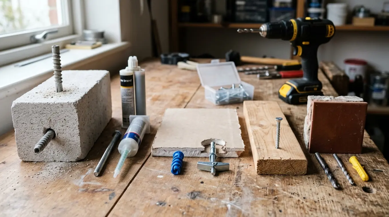 Horizontale close-up van een werkbank met verschillende bevestigingsoplossingen: links gasbeton met grof geprofileerde plug en chemisch anker met zeefhuls, in het midden gipsplaat