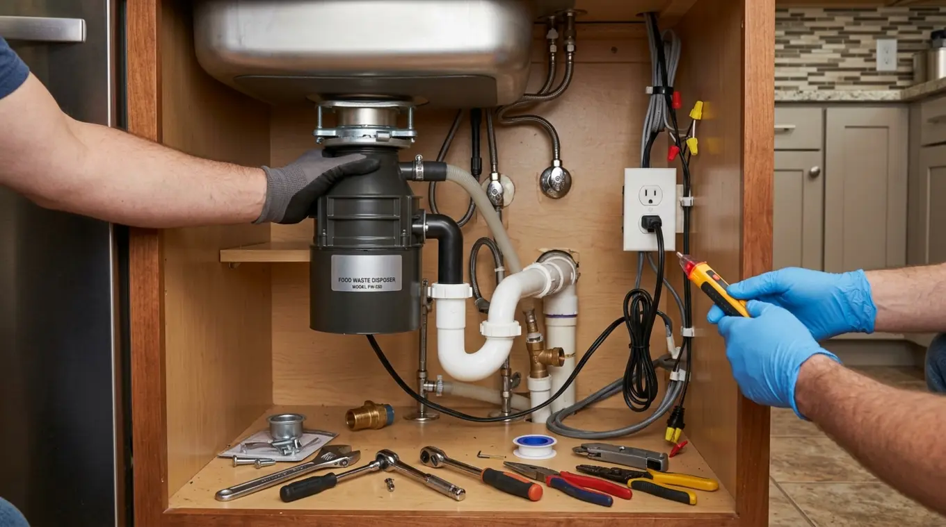 Open keukenkast onder spoelbak: klusser plaatst een metalen voedselvermaler op de afvoer terwijl een elektricien een binnenkast stopcontact controleert met een spanningstester. Sif