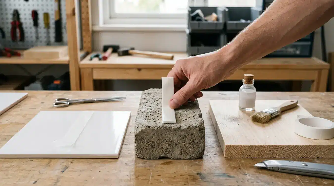 Horizontale foto van een werkbank met drie materiaalmonsters: links een glanzende tegel/glas met dunne dubbelzijdige tape, in het midden een ruwe steen/steenmonster waar een hand s