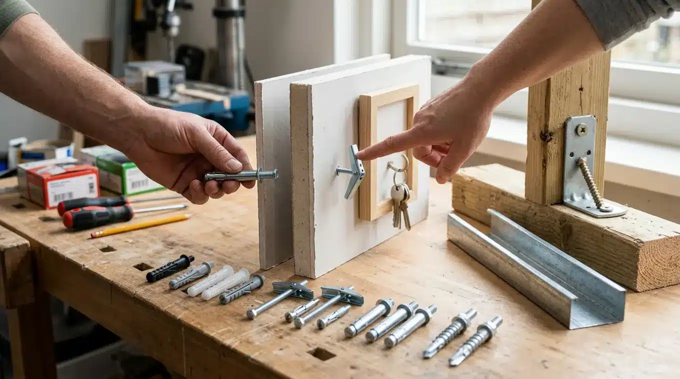 Horizontale foto van een werktafel met verschillende hollewandpluggen, twee gipsplaatmonsters van verschillende dikte, een houten regel en een stalen profiel; handen demonstreren p