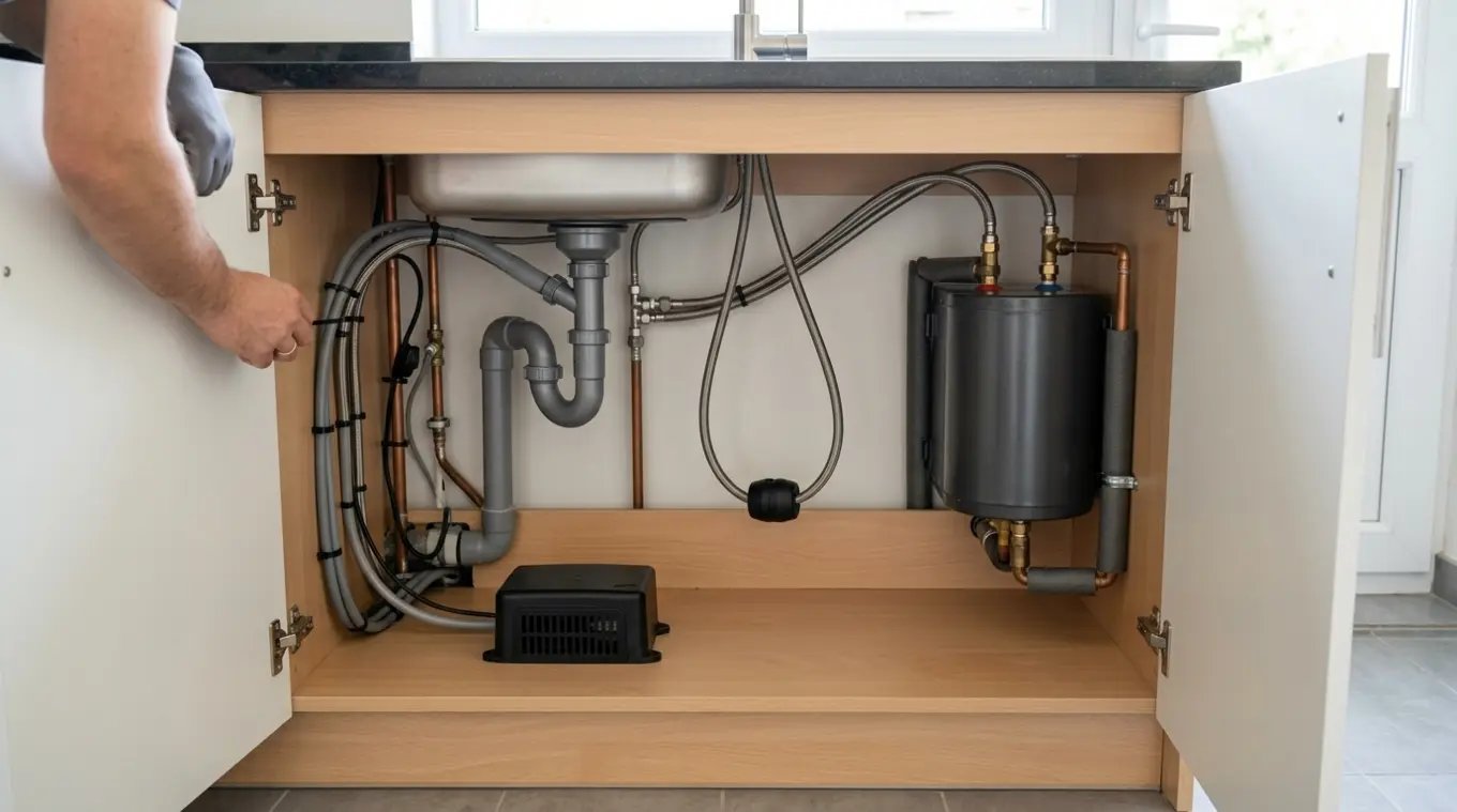 Open keukenkastje met compacte boiler en uittrekbare kraanslang met contragewicht dat vrij hangt; leidingen en kabels gebundeld aan één zijde; een kleine ventilatiebox staat vrij m