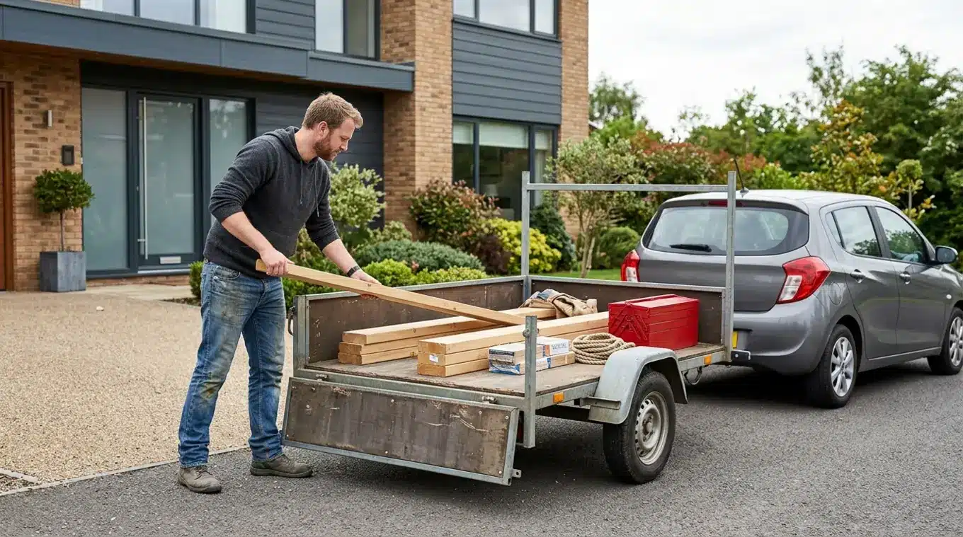 Particuliere klusser laadt houten planken en een gereedschapskist op een compacte plateauwagen met neergeklapte zijkant, geparkeerd op een oprit bij een woning; geen logo's of teks