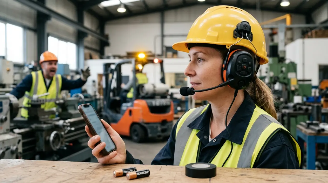 Medewerker in een werkplaats draagt een over-ear gehoorkap met bedieningsknoppen en microfoon met beschermtape; in de hand een onscherpe smartphone, op de werkbank AA-batterijen en