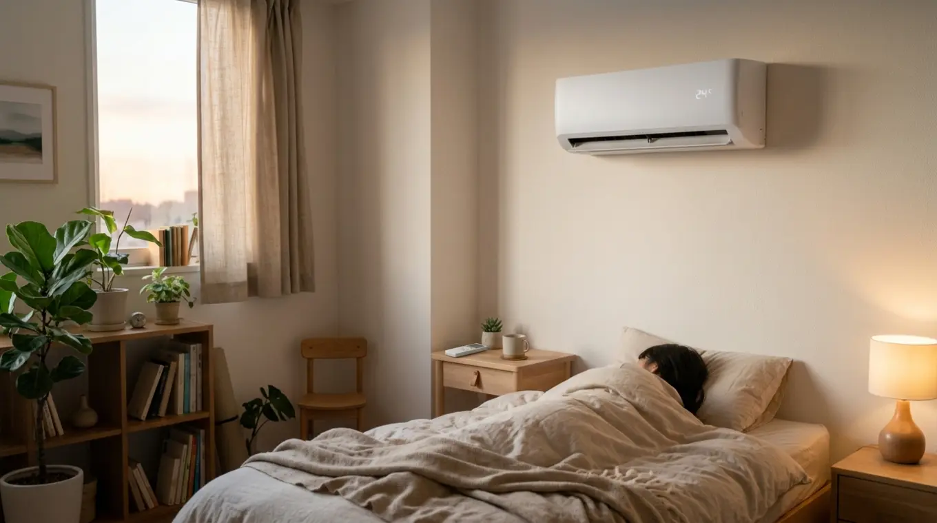 Horizontale foto van een compacte, muurhangende airco (zonder logo) boven een eenpersoonsbed/werkplek in een kleine, rustige slaapkamer/studeerkamer; eenvoudige afstandsbediening o