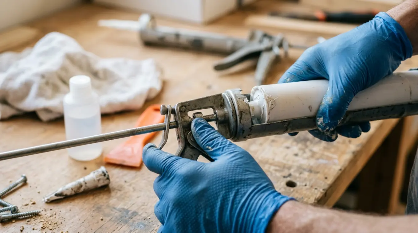 Close-up horizontale foto van handschoenen-handen die een kitkoker vanaf de tuitzijde uit een kitpistool duwen op een werkbank, met doek, flesje alcohol, kunststof schraper en een