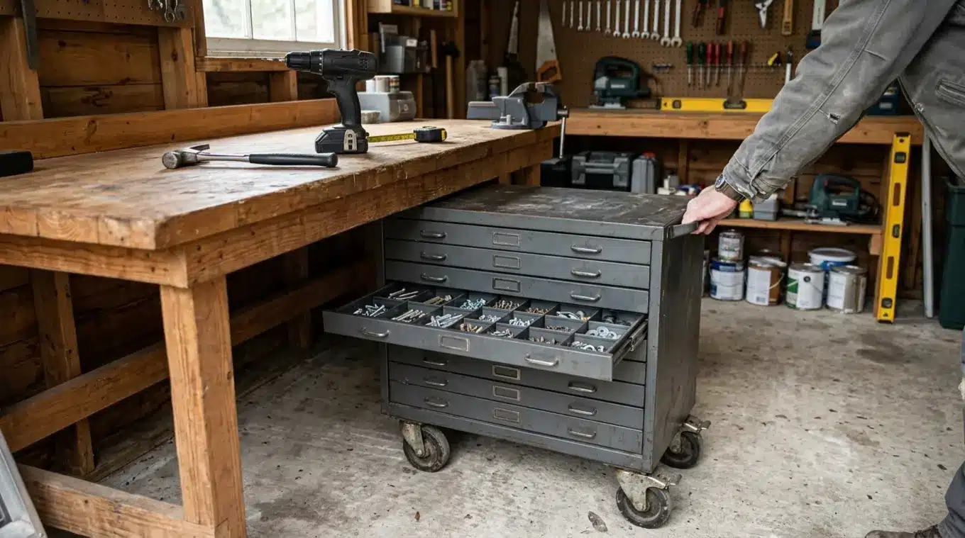 Lage verrijdbare gereedschapskast op zwenkwielen deels onder een werkbank, één lade half open met geordende schroeven en bits, werkblad vrij, hand in werkkleding rolt kast naar zic