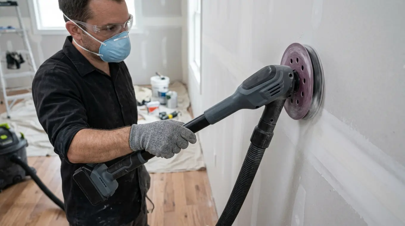 Klusser schuurt een binnenmuur met een onmerkelijke langnekschuurmachine; geperforeerd schuurblad en aangesloten stofzuigerslang zichtbaar, handen en veiligheidsuitrusting in beeld