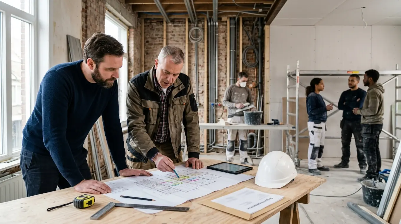 Huiseigenaar en aannemer overleggen bij een werkbank in een gedeeltelijk verbouwd huis; planning op tafel, gereedschap en vergunningsenvelop, blootliggende leidingen en vakmensen o