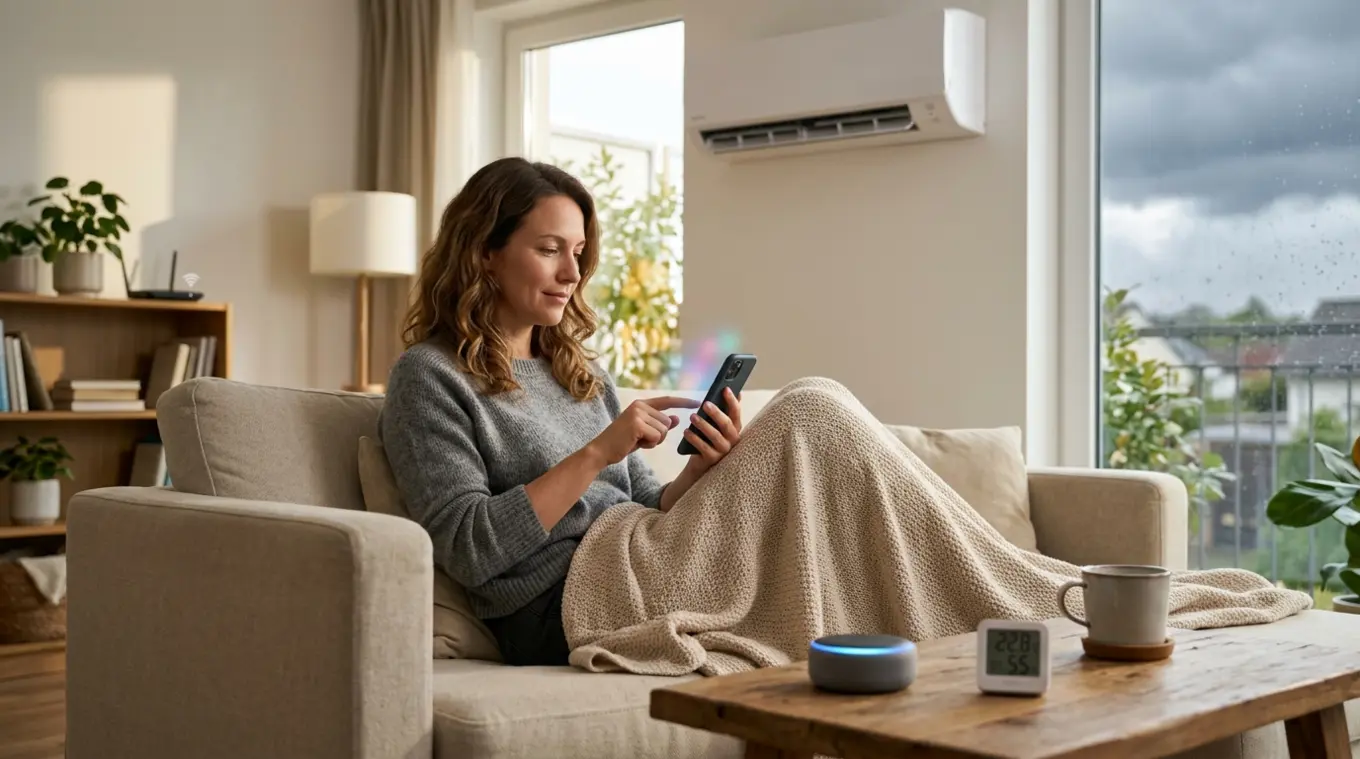 Horizontale foto van een ontspannen persoon op een bank die een smartphone gebruikt, met een merkloze slimme air‑controller en sensor op de salontafel; op de achtergrond een wandai