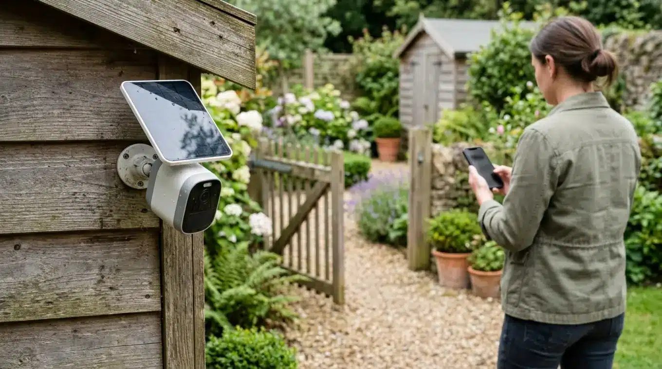 Dichtbij gefotografeerde draadloze buitenbeveiligingscamera met geïntegreerd zonnepaneel gemonteerd op een houten tuinschuur; op de achtergrond onscherpe tuin met poort en planten