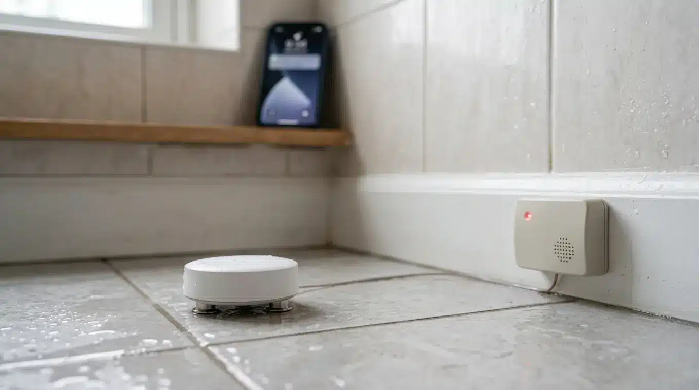 Horizontale foto van een slimme watermelder met metalen contactpunten op een vochtige tegelvloer in een badkamer/kelderhoek, met een detectiekabel langs de plint, een compacte alar