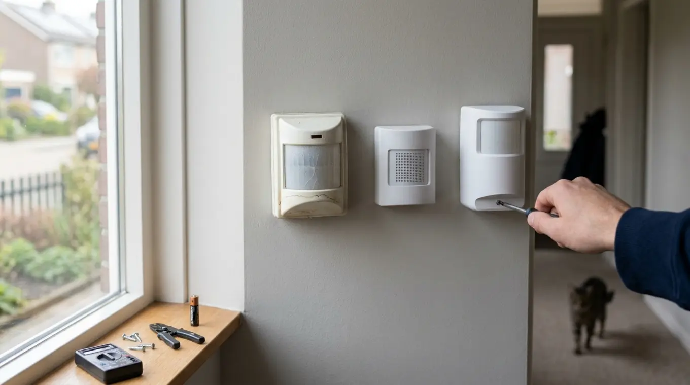 Horizontale foto van drie bewegingssensoren op een lichtgrijze muur (PIR met gebarsten Fresnel-lens, microgolfsensor, en moderne dual-technologiesensor). Een hand met schroevendraa